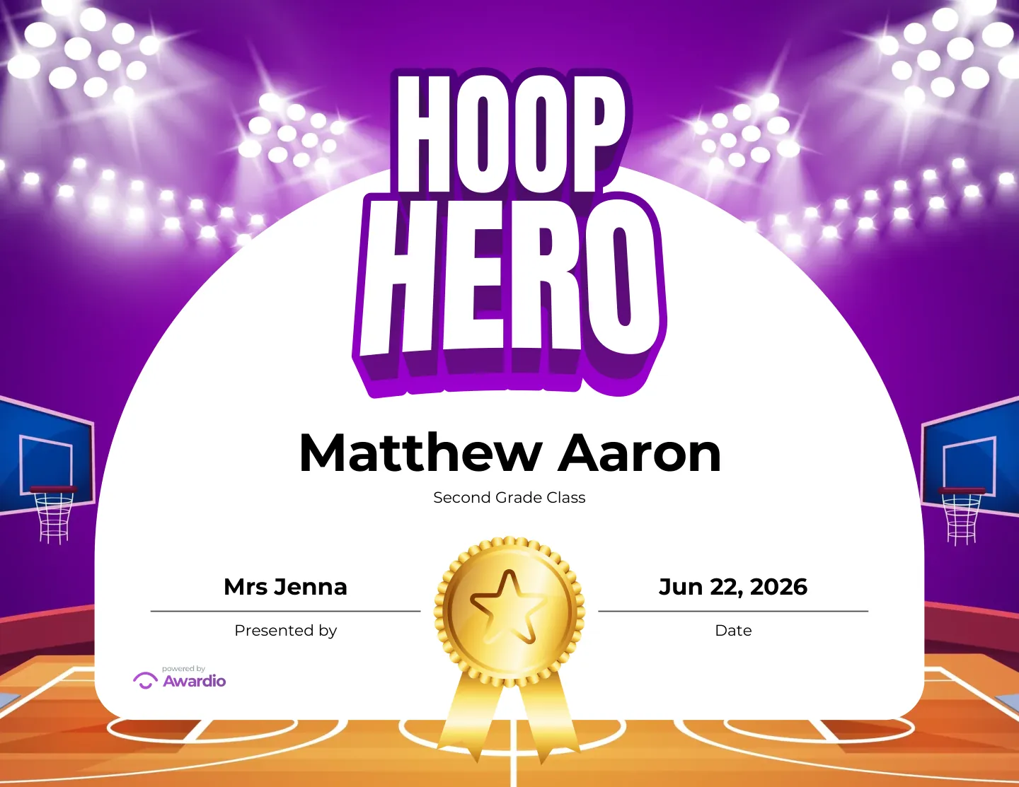 Hoop Hero basketball award certificate as a digital keepsake for families