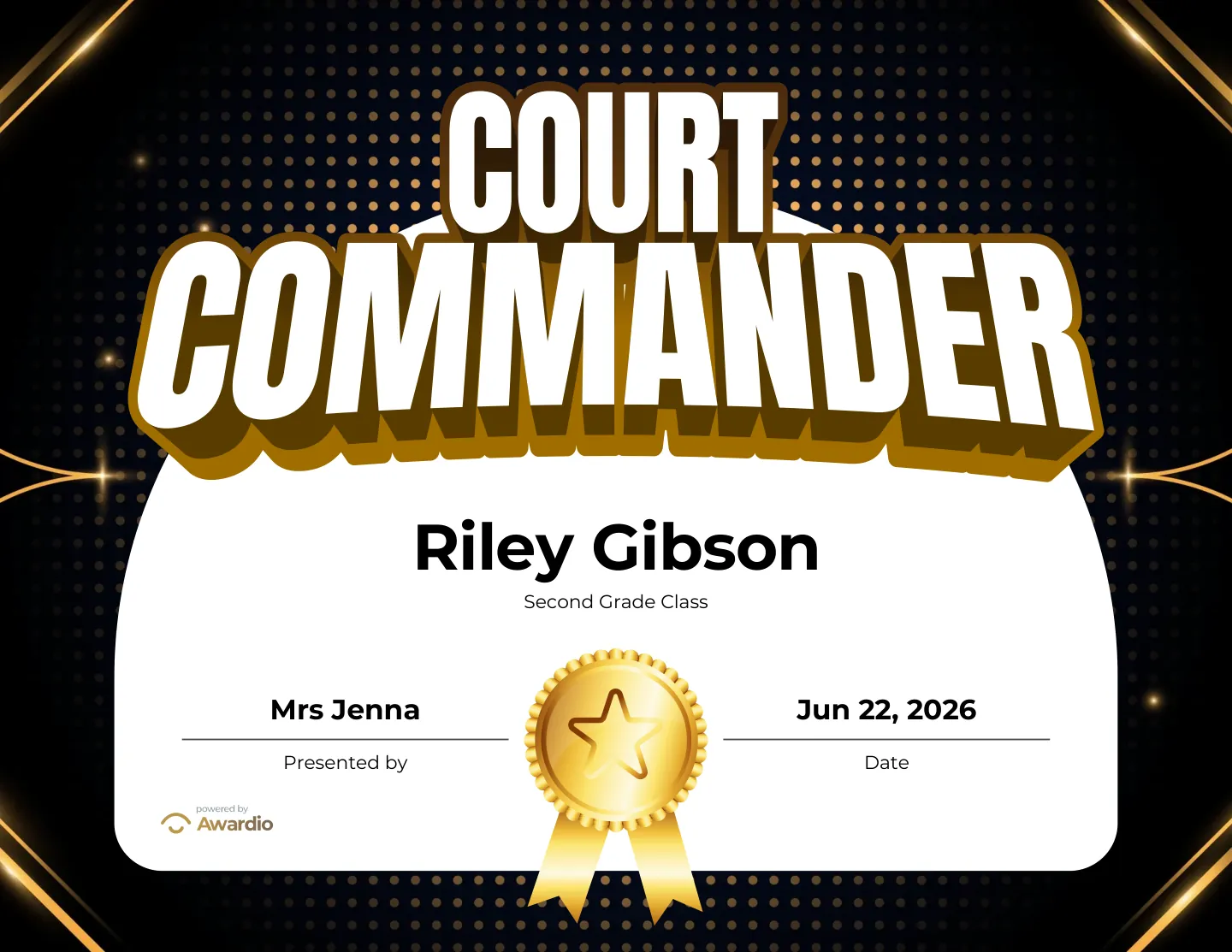 Court Commander basketball award certificate to recognize a standout student