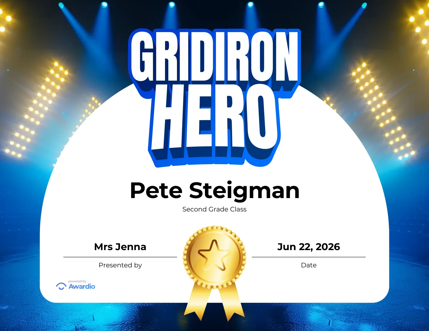 Gridiron Hero football award certificate, a free customizable design
