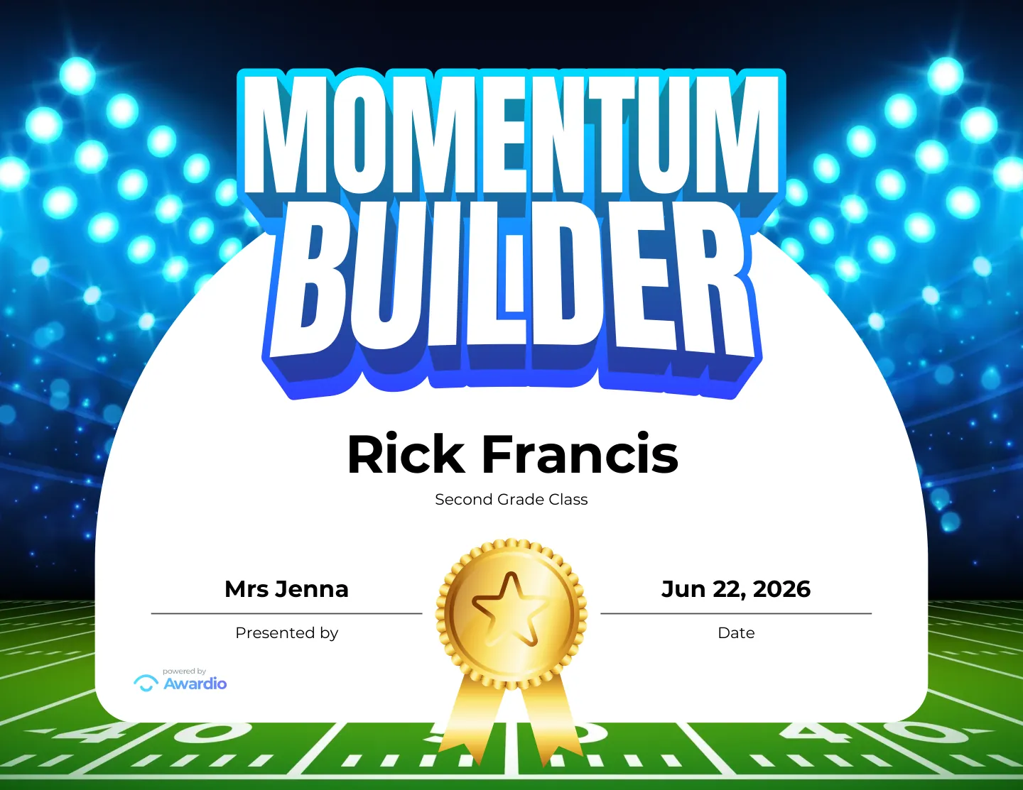 Momentum Builder football award certificate, an award template for teachers and coaches