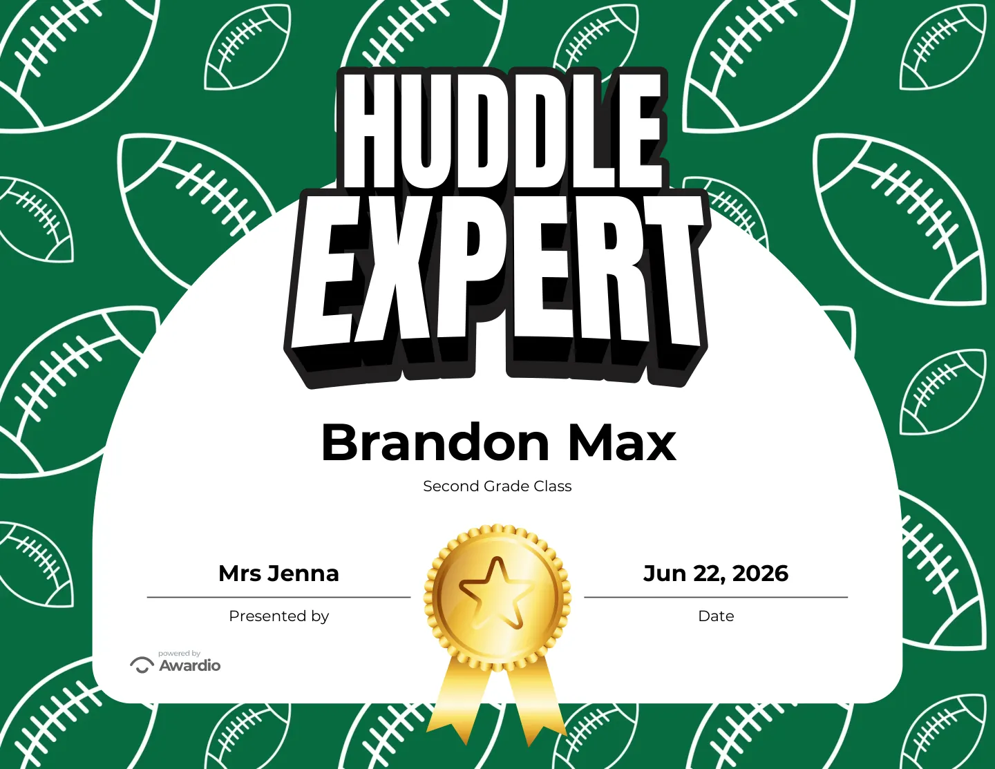 Huddle Expert football award certificate you can personalize and print