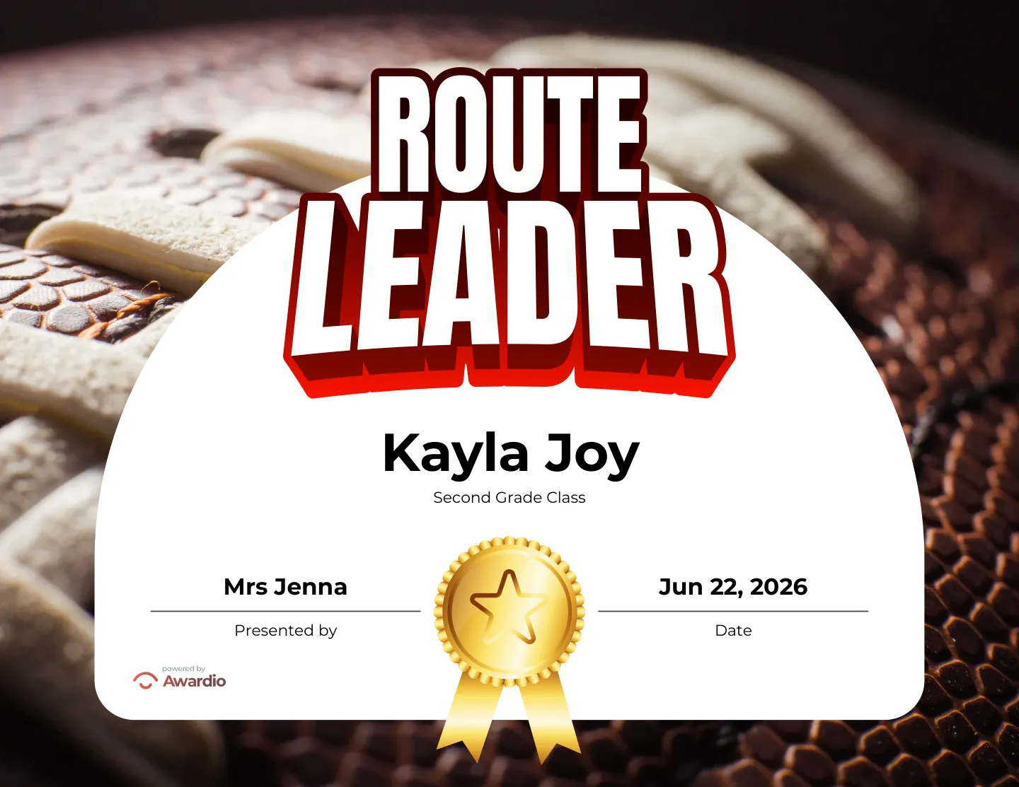 Route Leader football award certificate for the classroom or to send home to parents