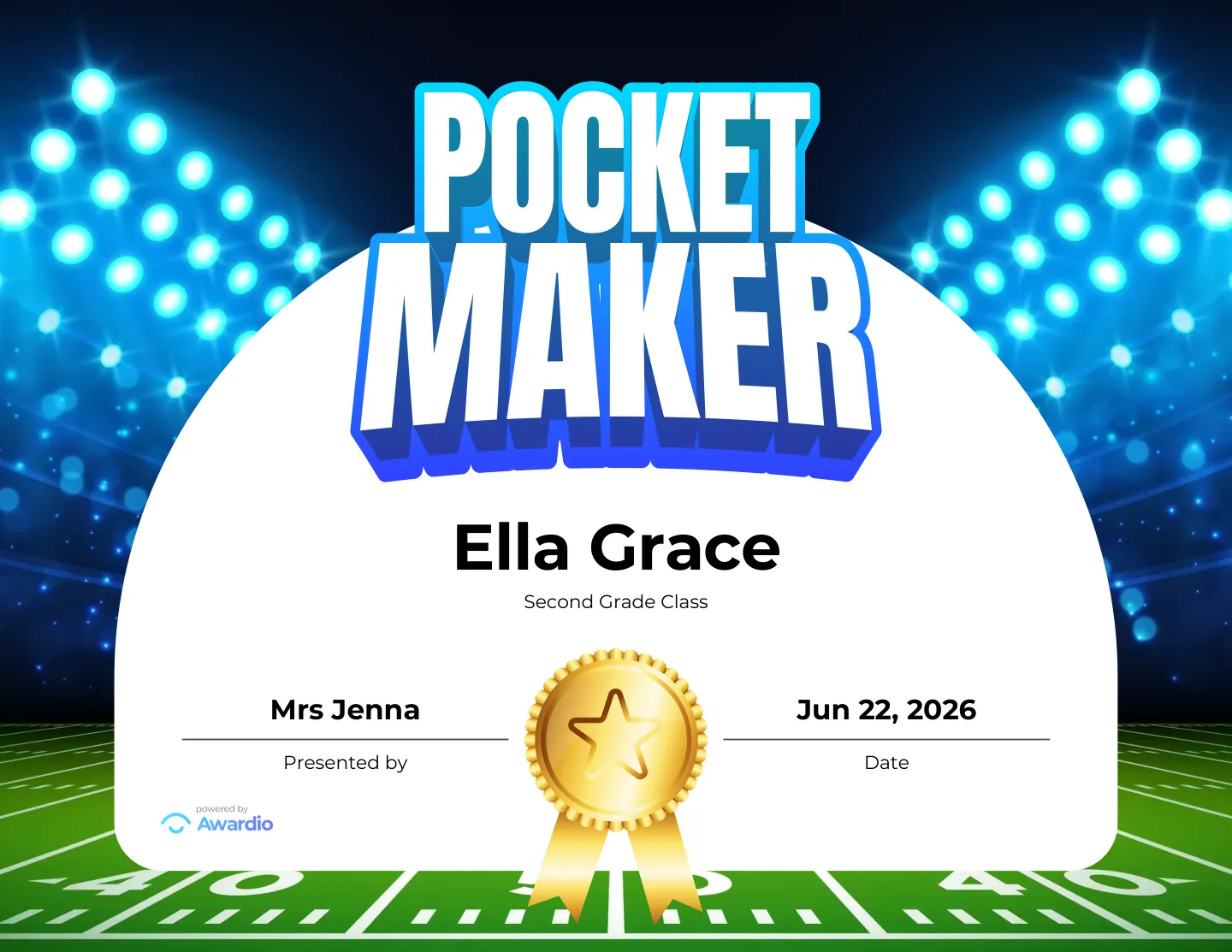 Pocket Maker football award certificate made in seconds with the free Awardio app