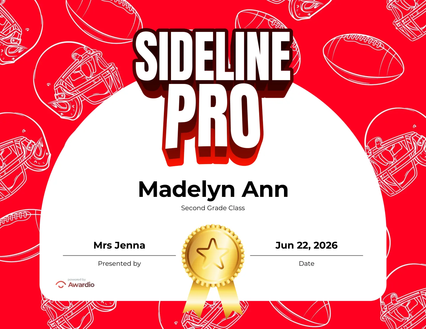Sideline Pro football award certificate, a printable award kids are proud to receive