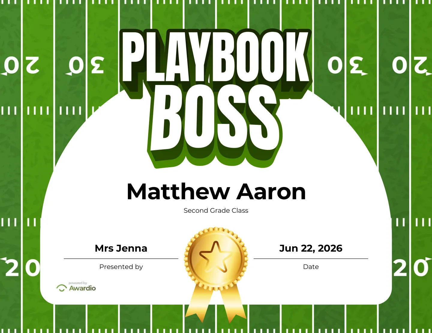 Playbook Boss football award certificate as a digital keepsake for families
