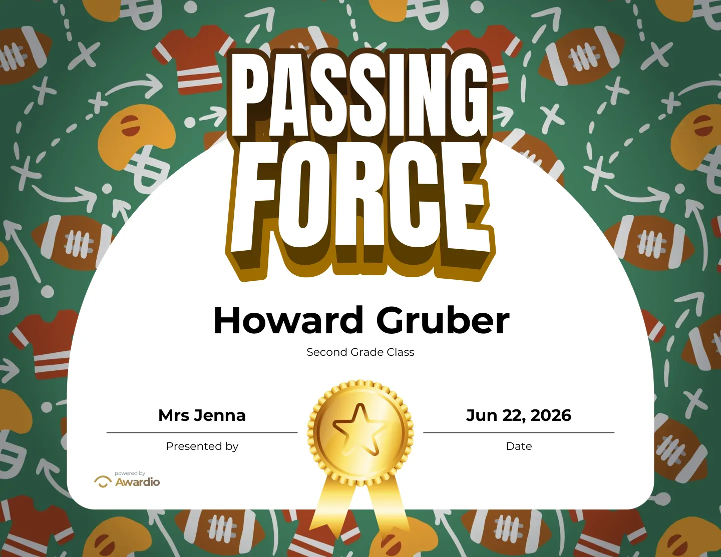 Passing Force football award certificate, an editable certificate template