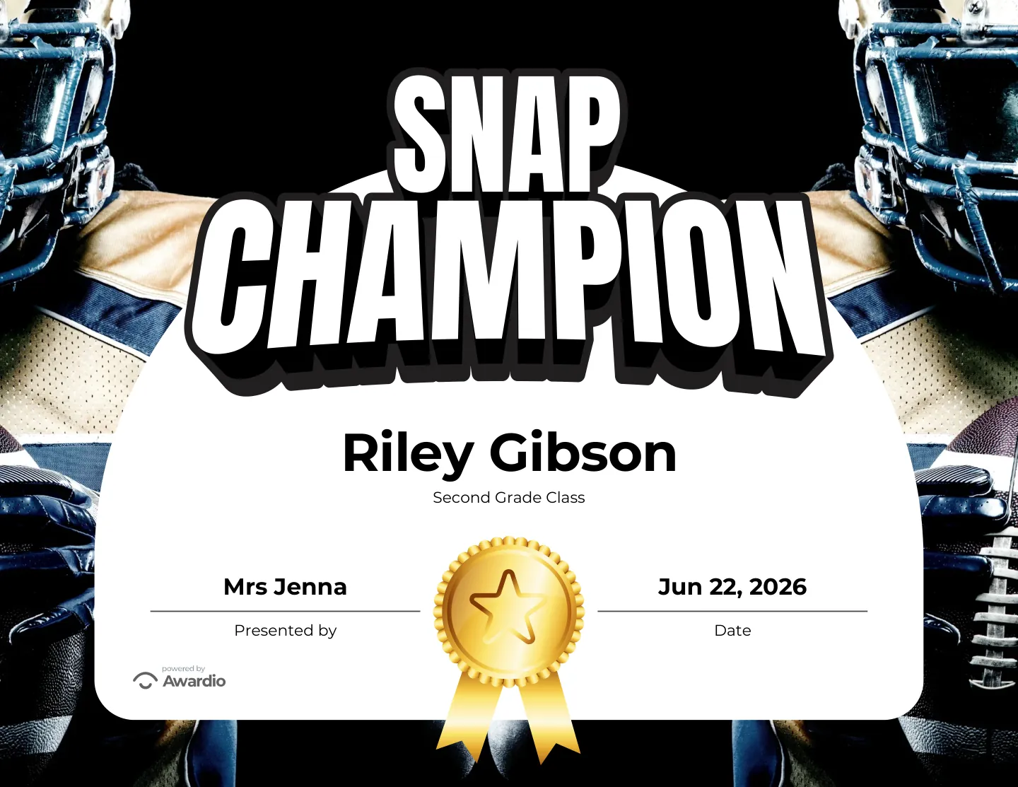 Snap Champion football award certificate to recognize a standout student