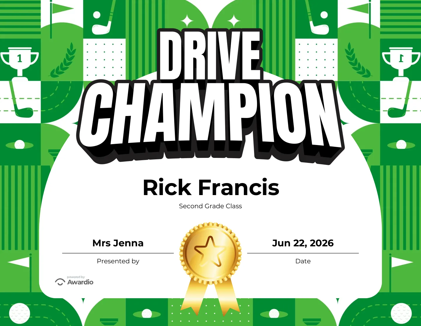 Drive Champion golf award certificate, an award template for teachers and coaches