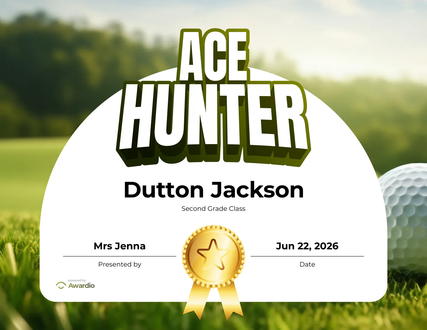 Ace Hunter golf award certificate to celebrate a student's effort