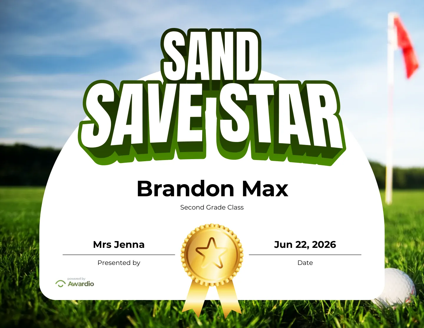 Sand Save Star golf award certificate you can personalize and print