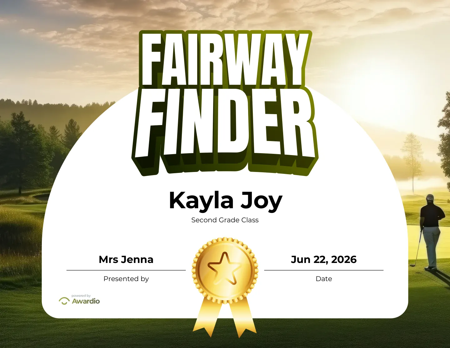Fairway Finder golf award certificate for the classroom or to send home to parents