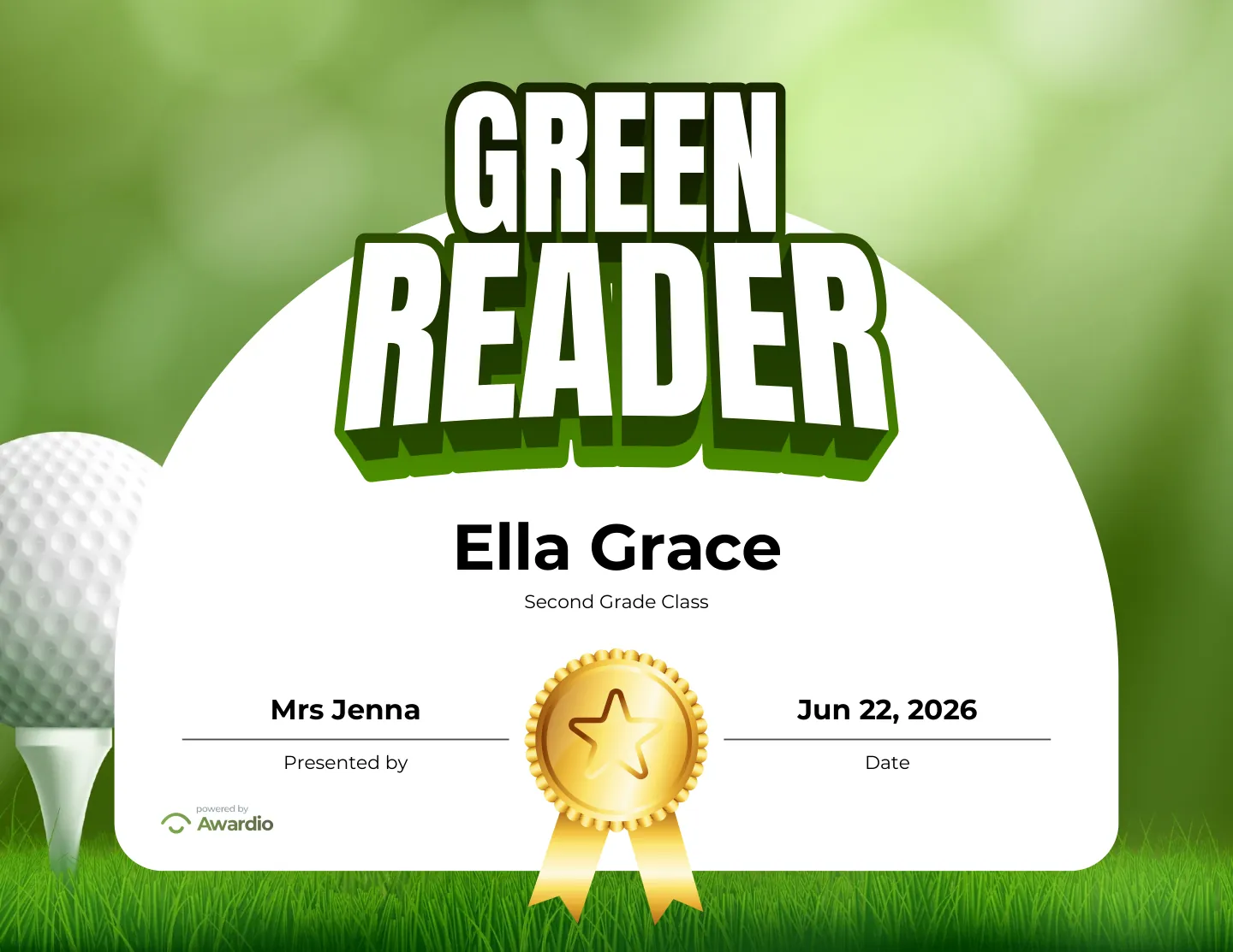 Green Reader golf award certificate made in seconds with the free Awardio app
