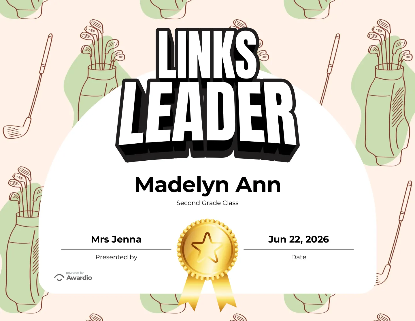 Links Leader golf award certificate, a printable award kids are proud to receive