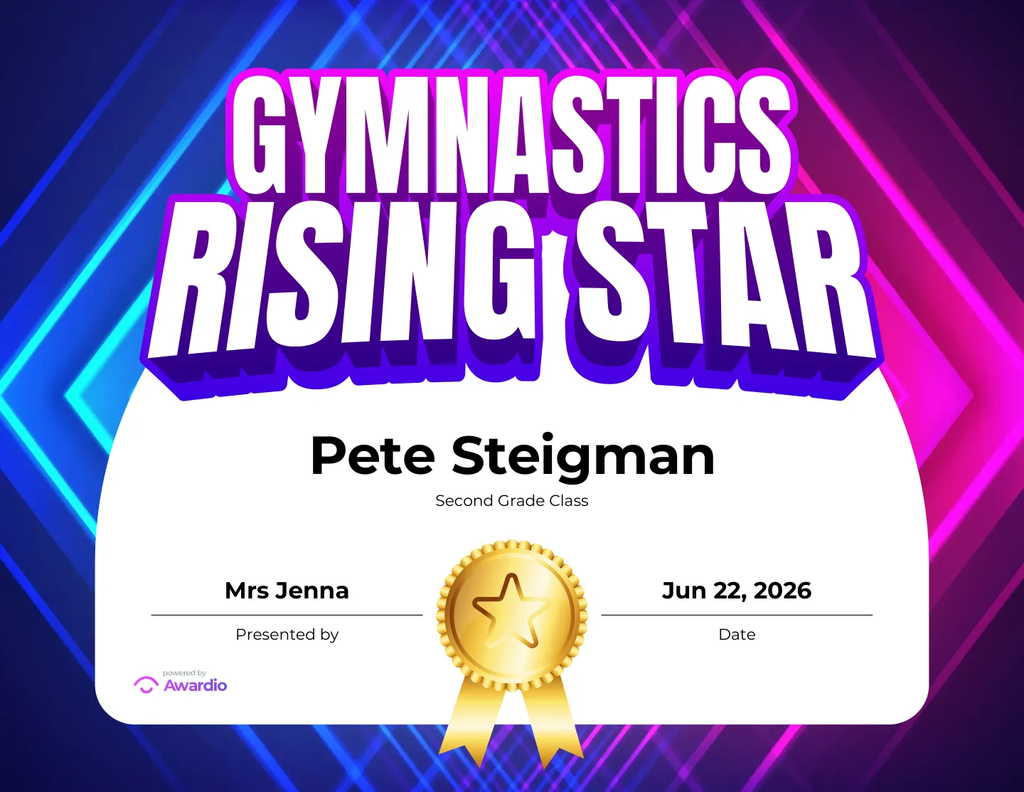 Gymnastics Rising Star award certificate, a free customizable design