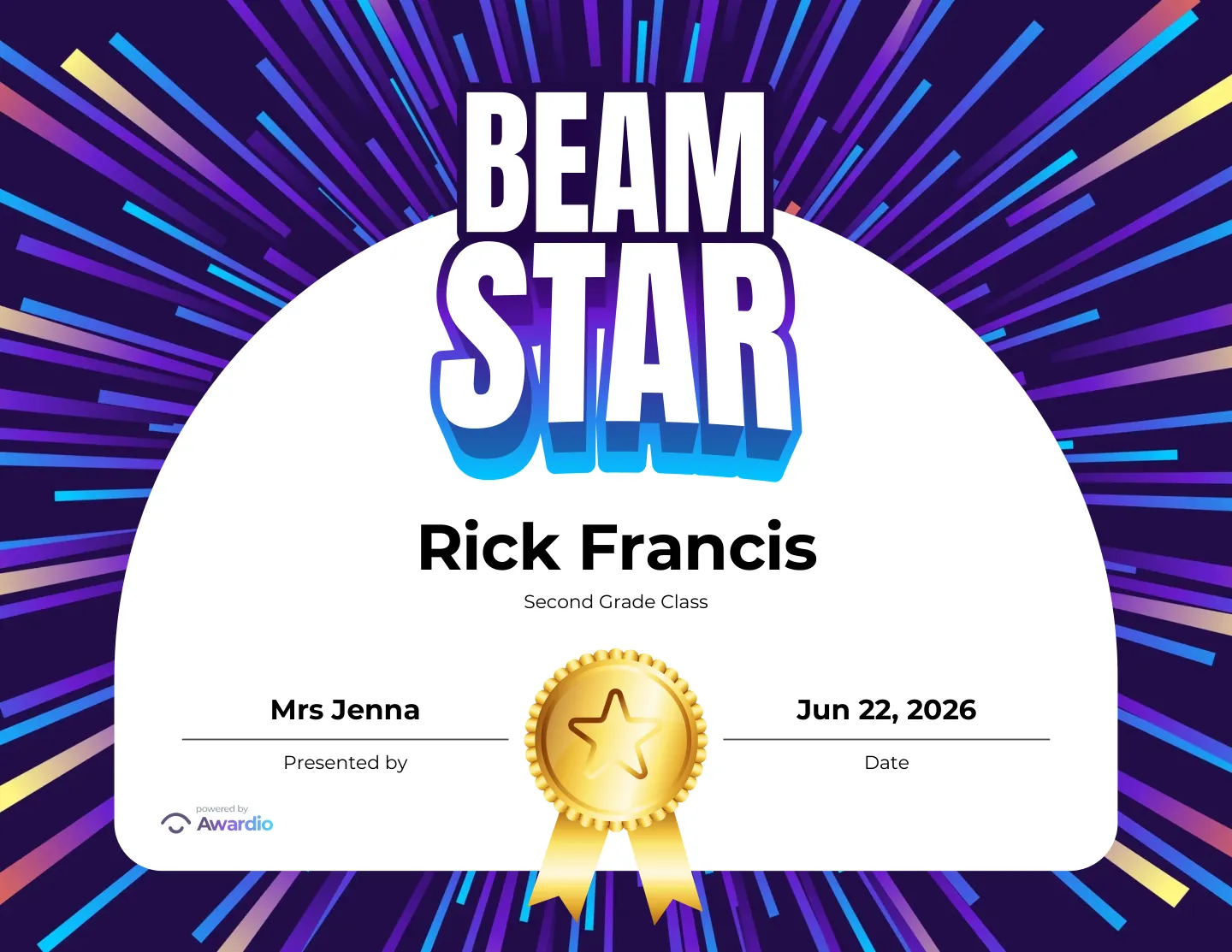 Beam Star gymnastics award certificate, an award template for teachers and coaches