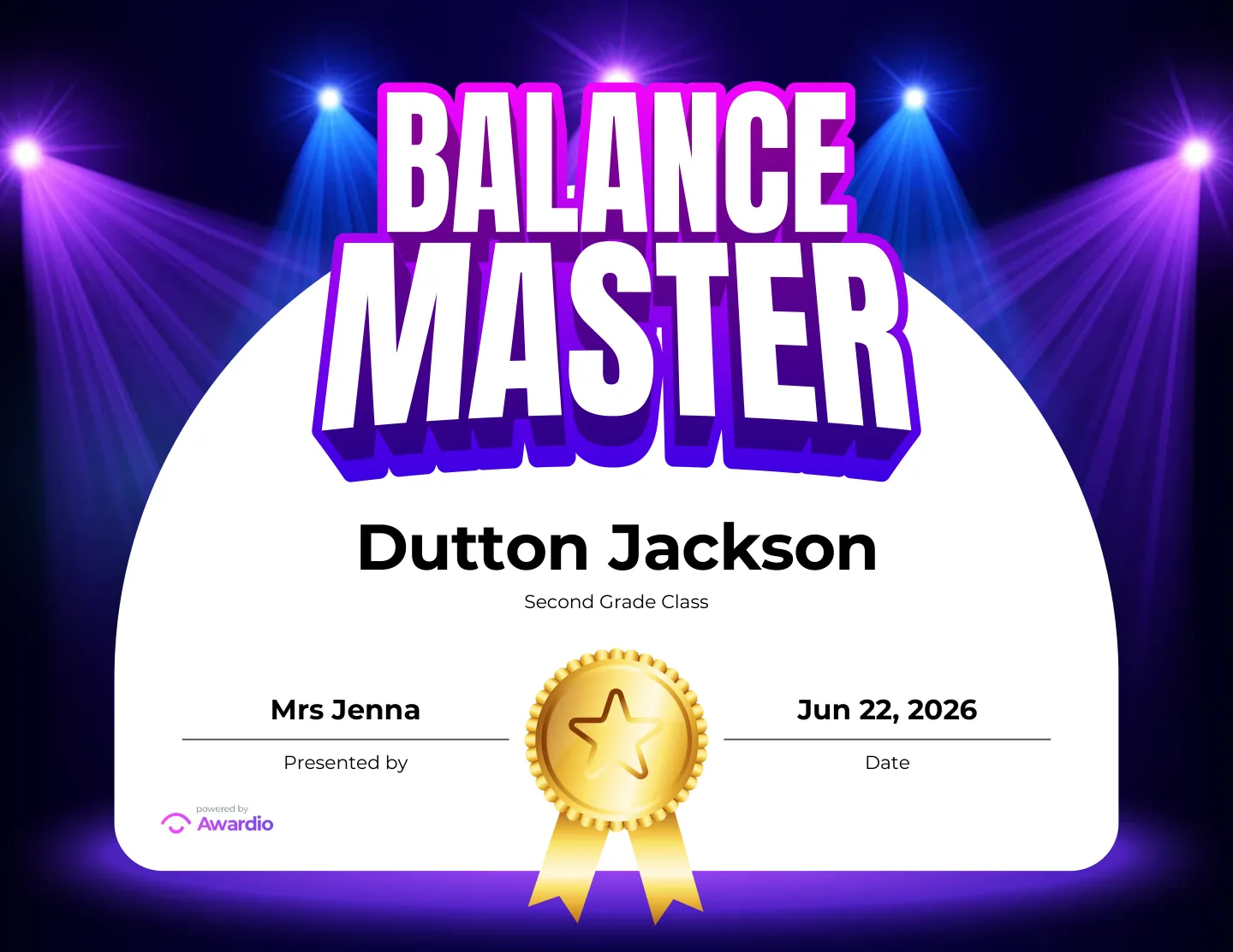 Balance Master gymnastics award certificate to celebrate a student's effort