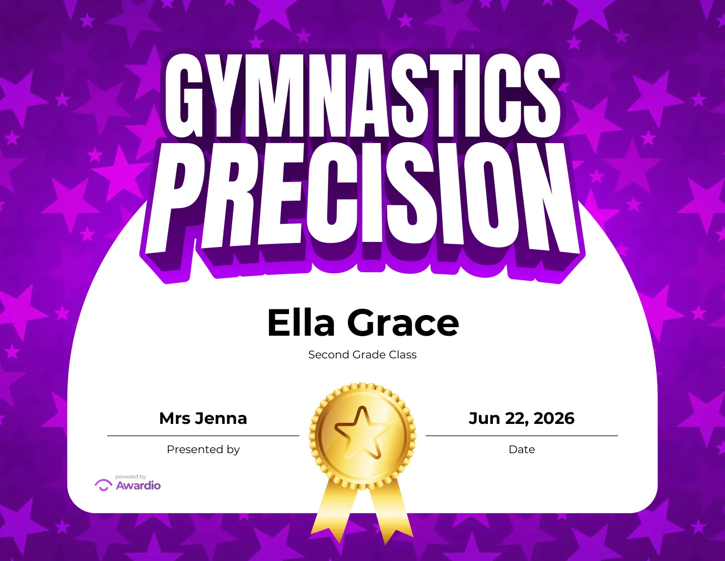 Gymnastics Precision award certificate made in seconds with the free Awardio app