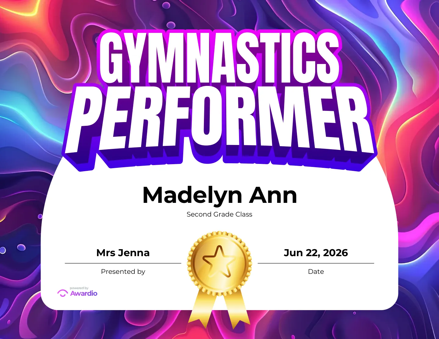 Gymnastics Performer award certificate, a printable award kids are proud to receive