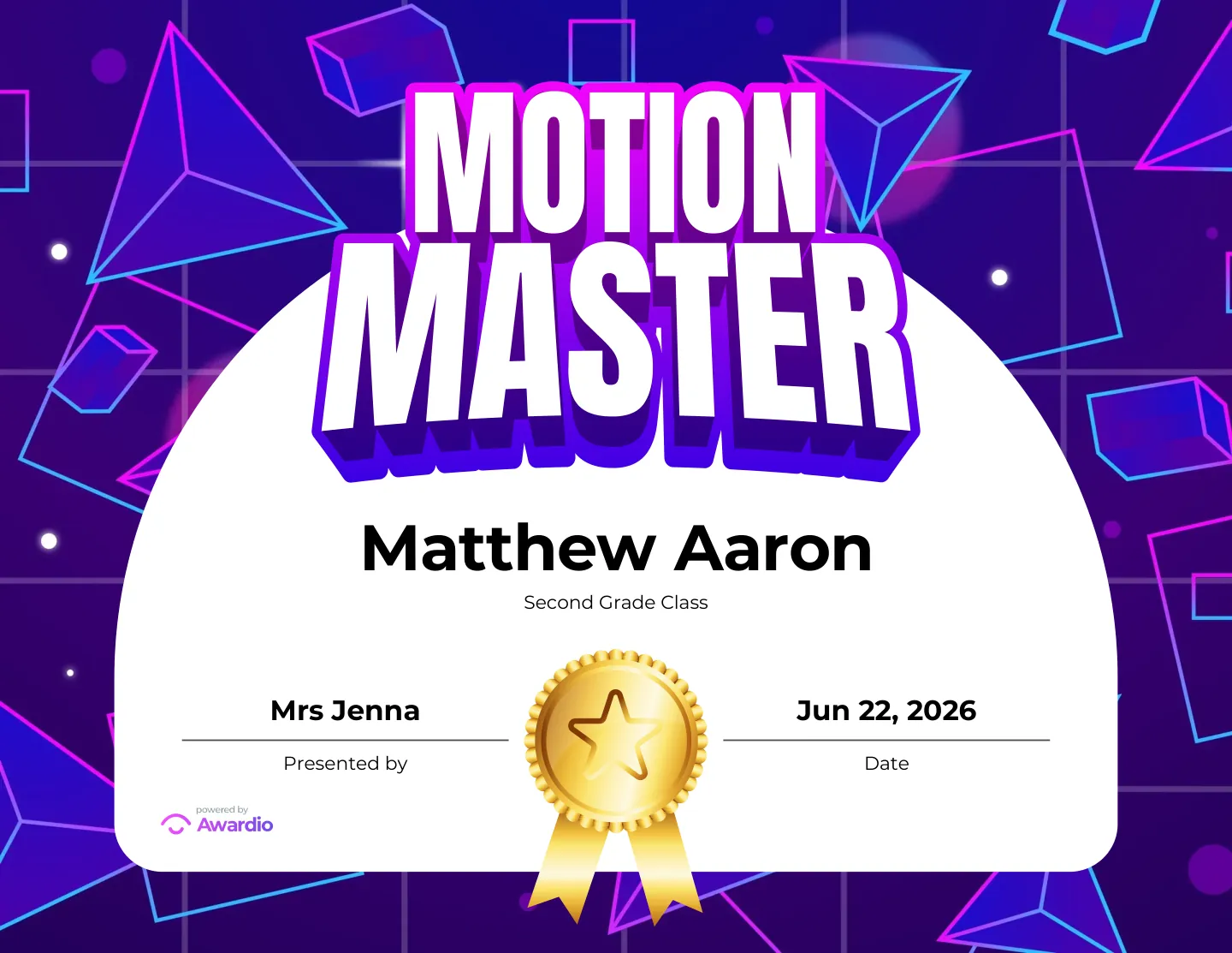 Motion Master gymnastics award certificate as a digital keepsake for families