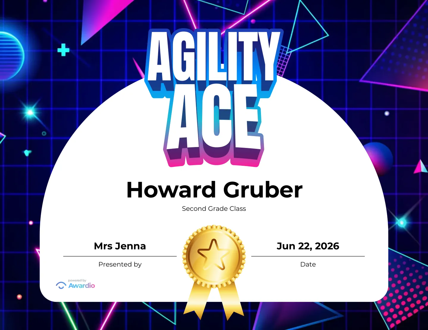 Agility Ace gymnastics award certificate, an editable certificate template