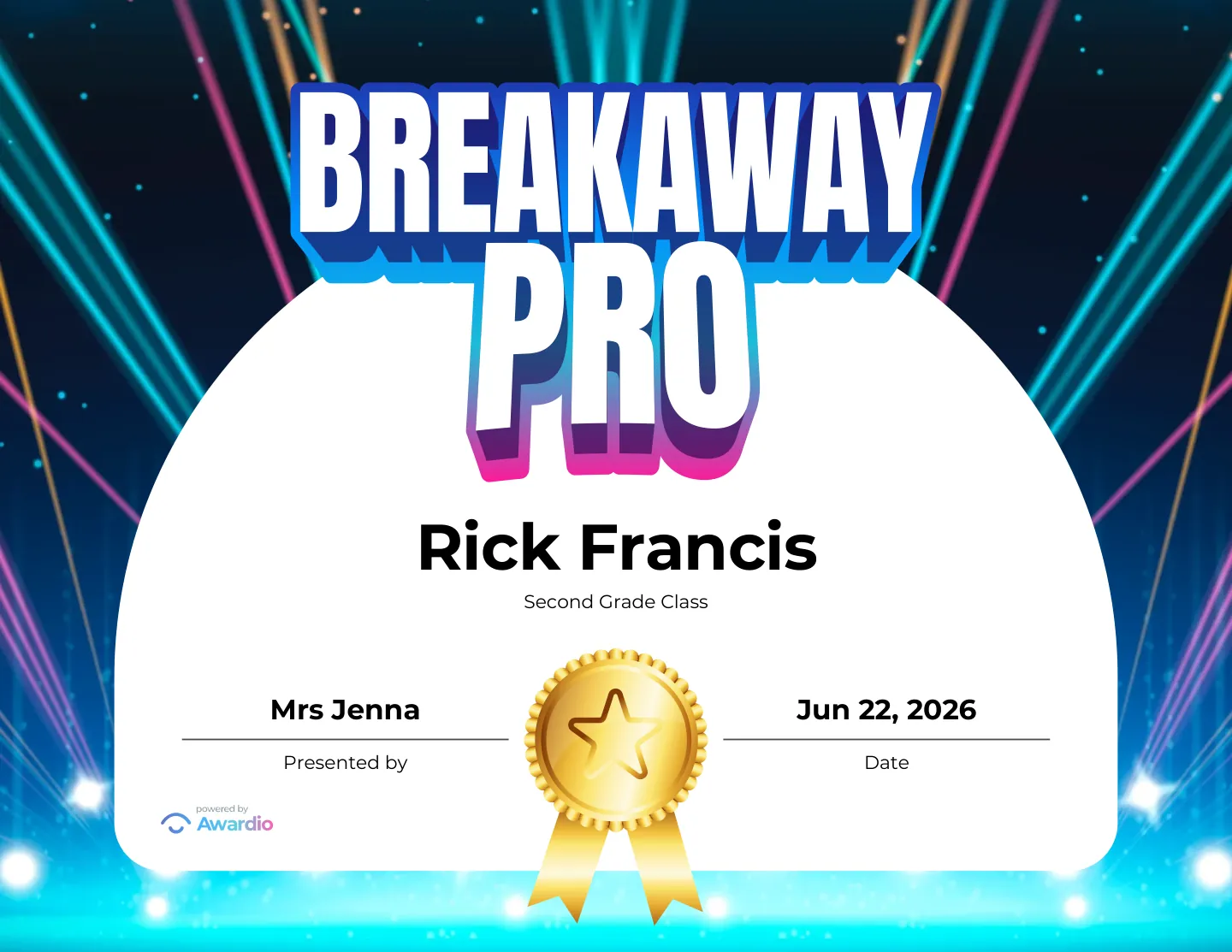Breakaway Pro hockey award certificate, an award template for teachers and coaches