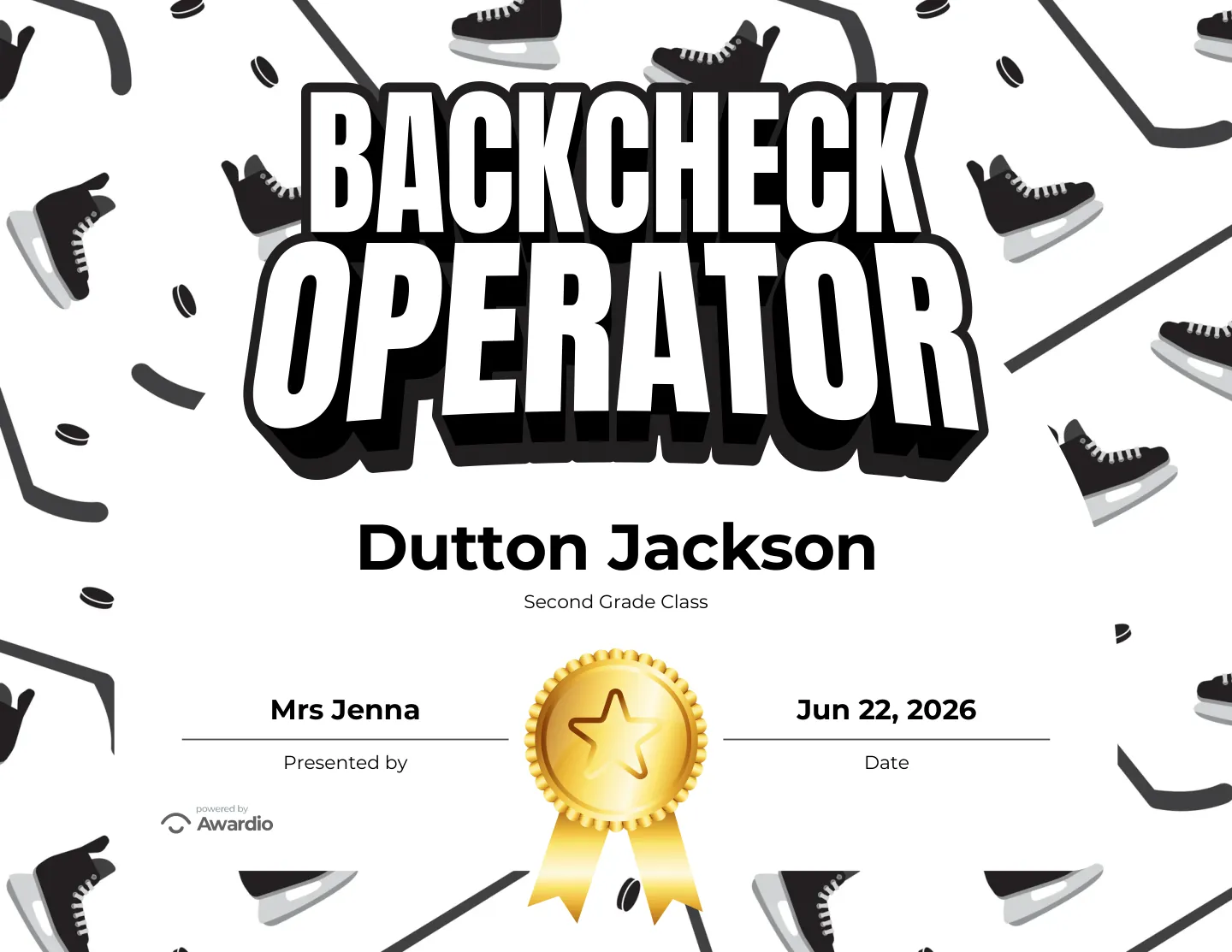 Backcheck Operator hockey award certificate to celebrate a student's effort