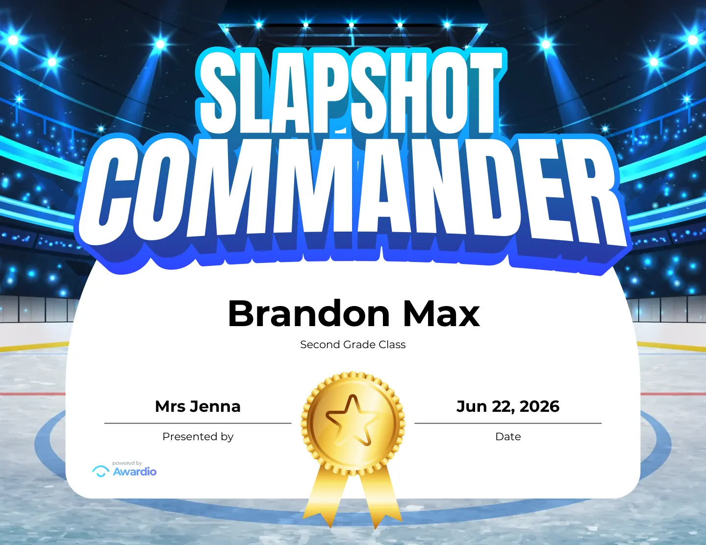 Slapshot Commander hockey award certificate you can personalize and print