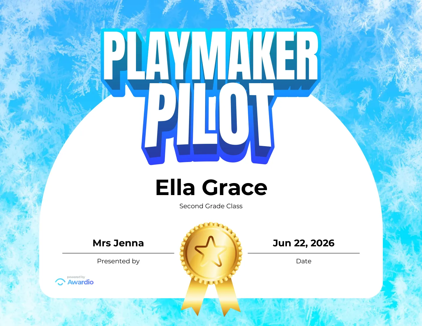 Playmaker Pilot hockey award certificate made in seconds with the free Awardio app