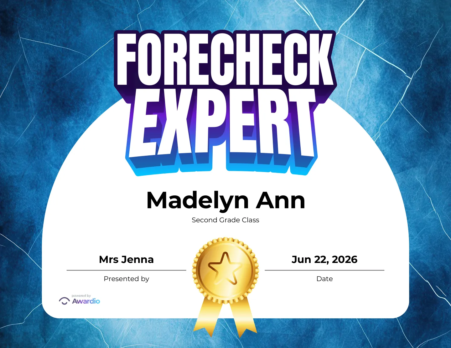 Forecheck Expert hockey award certificate, a printable award kids are proud to receive