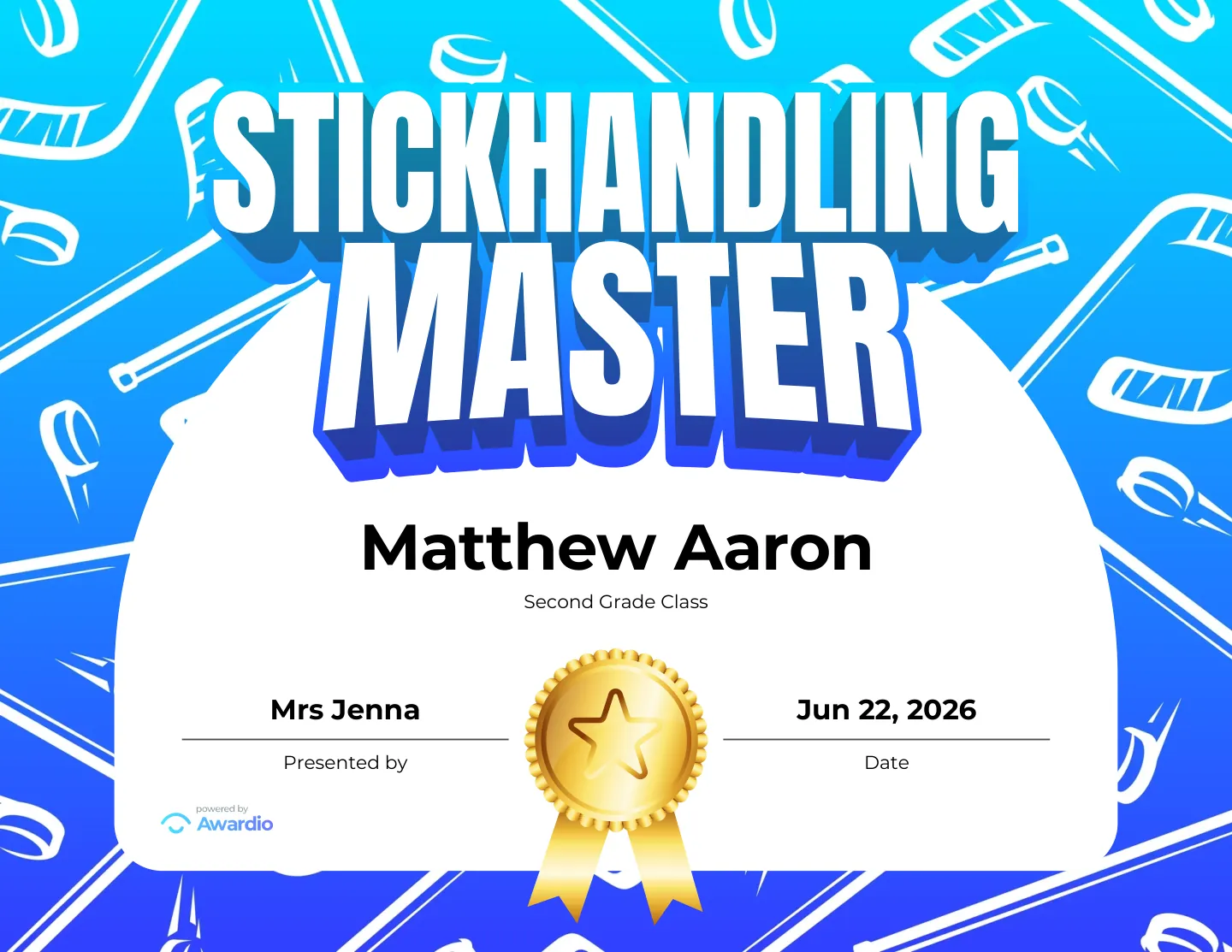 Stickhandling Master hockey award certificate as a digital keepsake for families