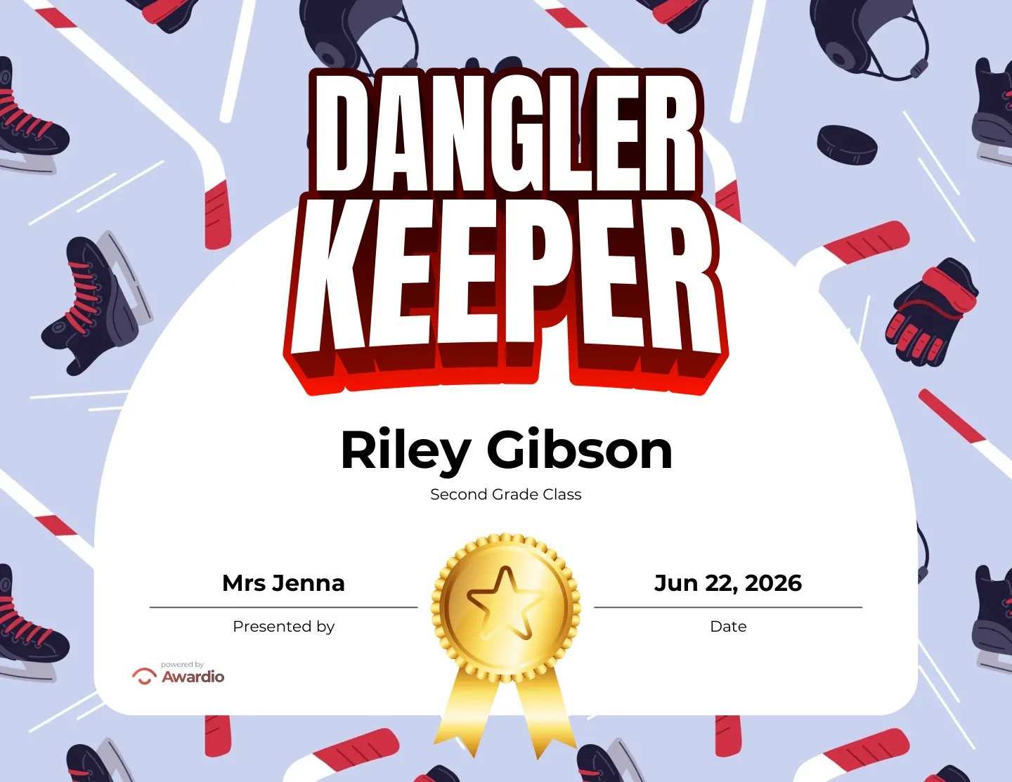 Dangler Keeper hockey award certificate to recognize a standout student