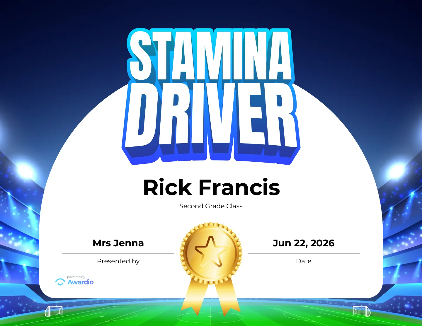 Stamina Driver soccer award certificate, an award template for teachers and coaches