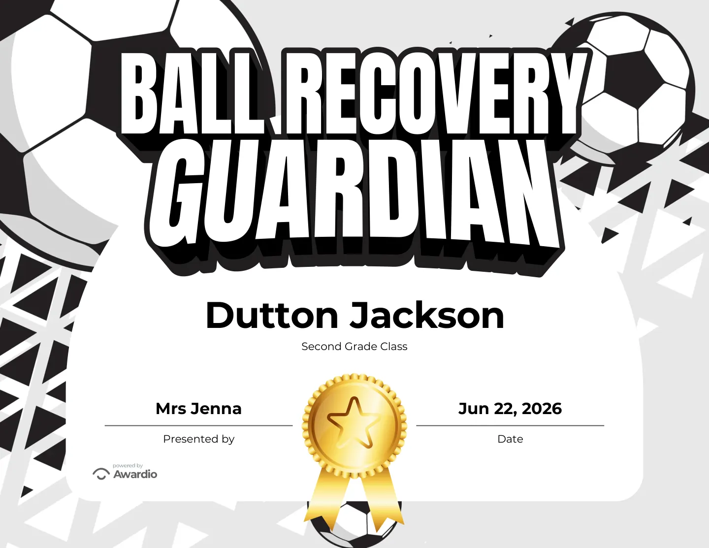 Ball Recovery Guardian soccer award certificate to celebrate a student's effort