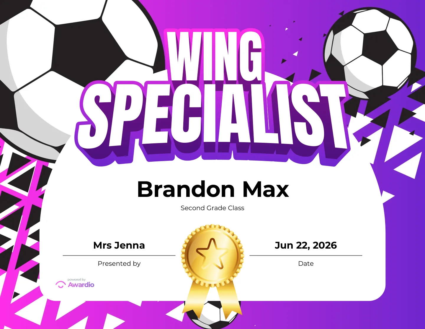 Wing Specialist soccer award certificate you can personalize and print