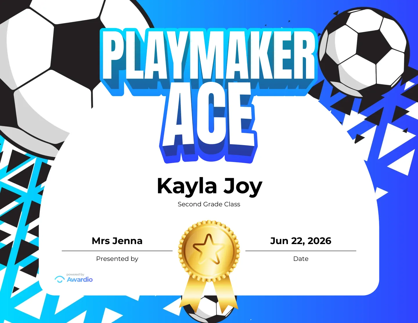 Playmaker Ace soccer award certificate for the classroom or to send home to parents