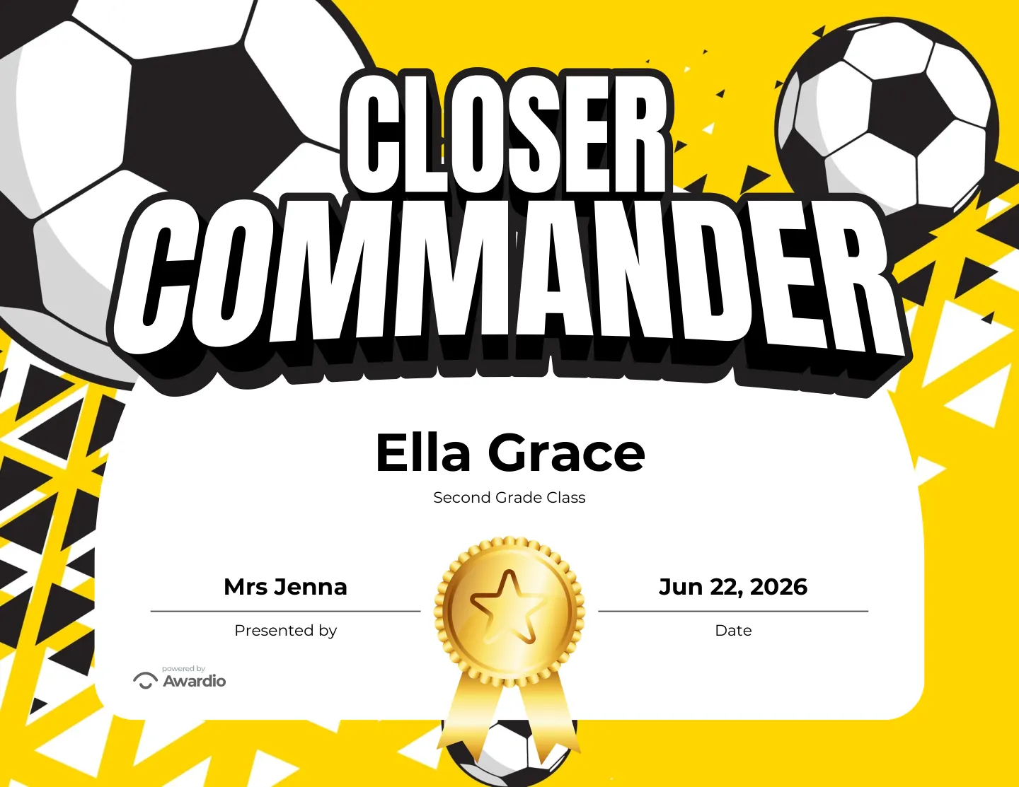 Closer Commander soccer award certificate made in seconds with the free Awardio app