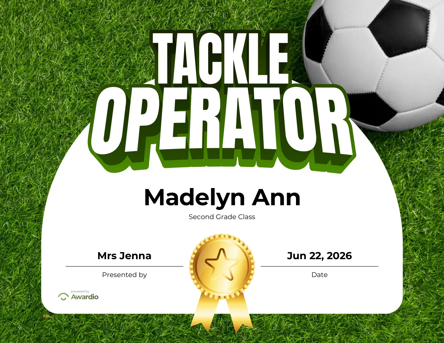Tackle Operator soccer award certificate, a printable award kids are proud to receive