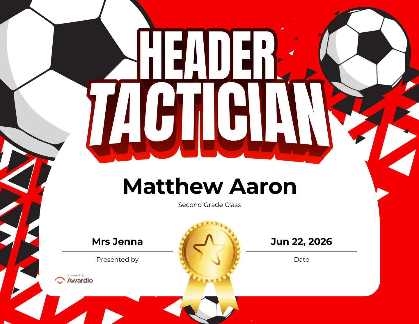 Header Tactician soccer award certificate as a digital keepsake for families