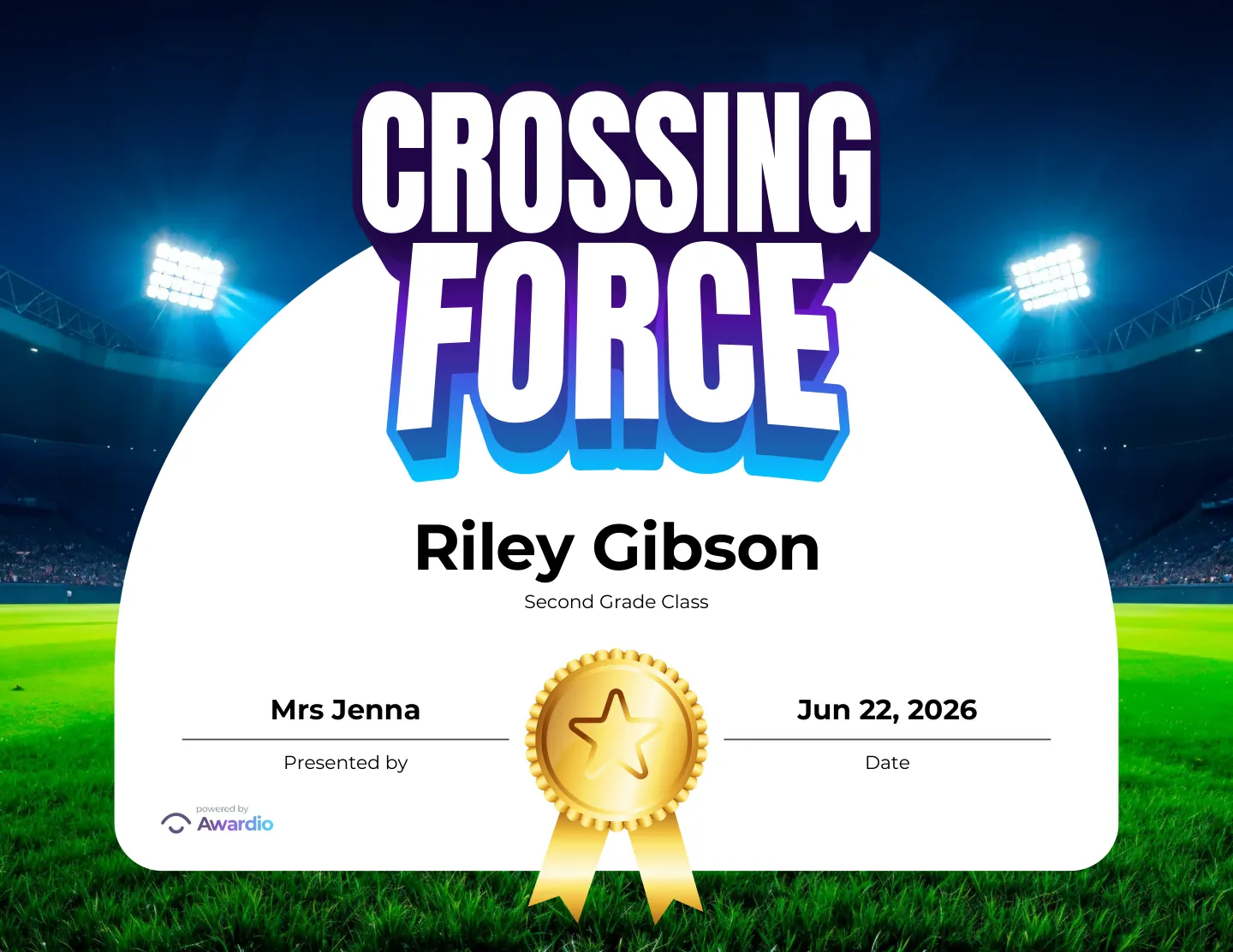 Crossing Force soccer award certificate to recognize a standout student