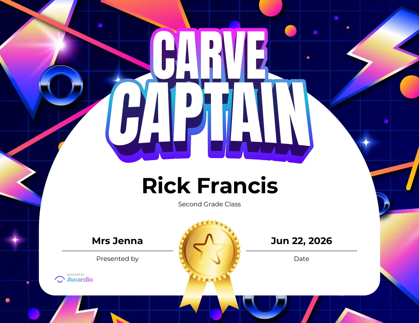 Carve Captain surfing award certificate, an award template for teachers and coaches