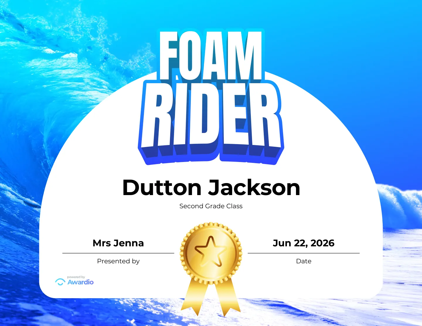 Foam Rider surfing award certificate to celebrate a student's effort