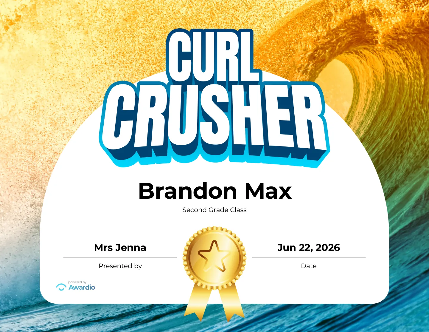 Curl Crusher surfing award certificate you can personalize and print