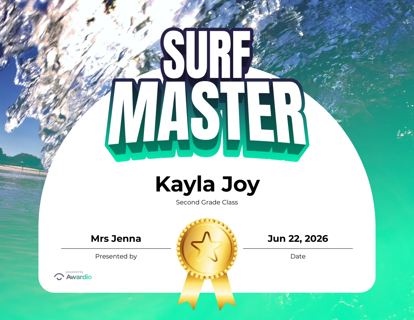 Surf Master surfing award certificate for the classroom or to send home to parents