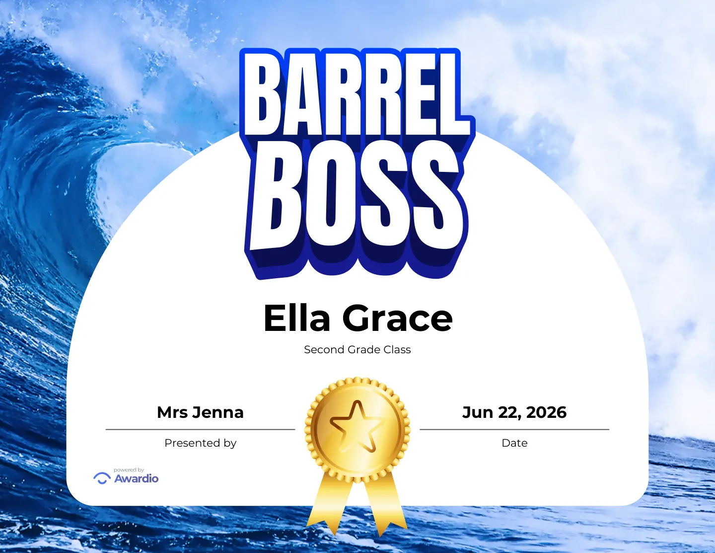 Barrel Boss surfing award certificate made in seconds with the free Awardio app