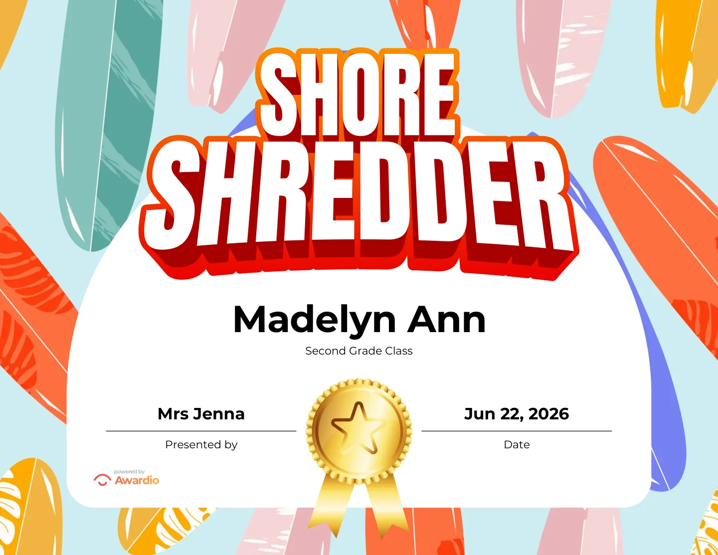 Shore Shredder surfing award certificate, a printable award kids are proud to receive