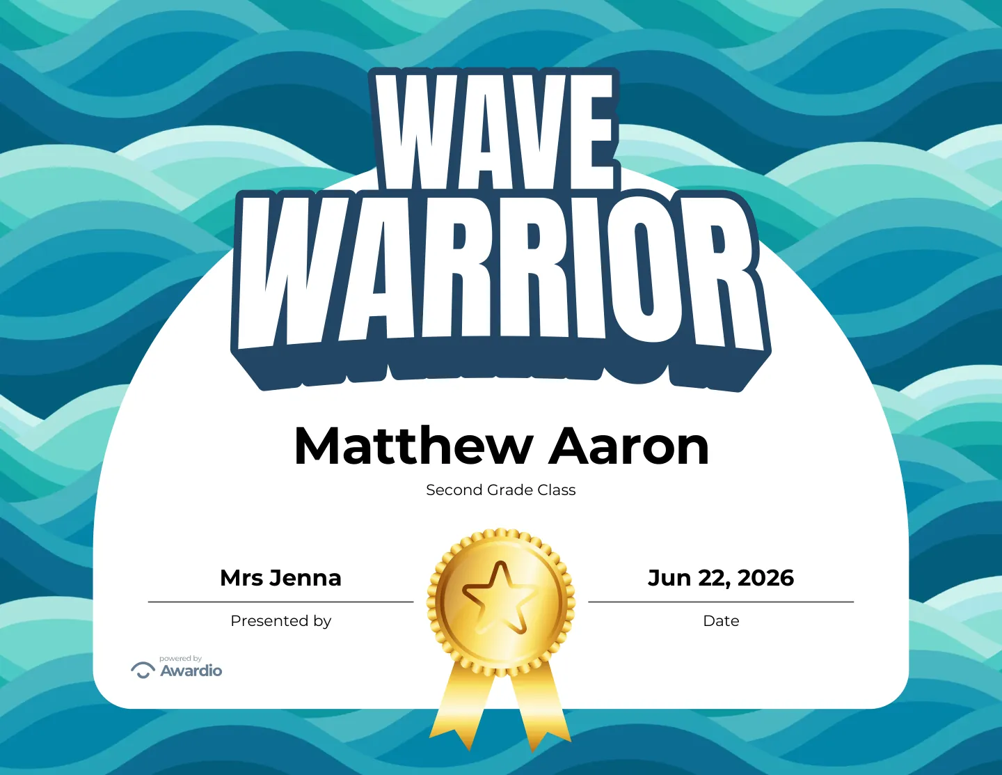 Wave Warrior surfing award certificate as a digital keepsake for families