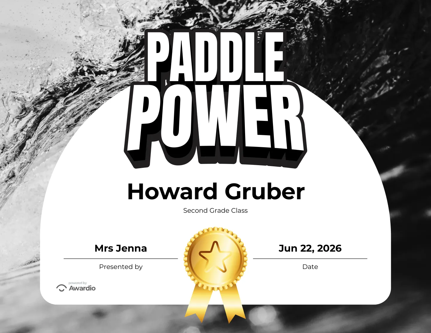 Paddle Power surfing award certificate, an editable certificate template