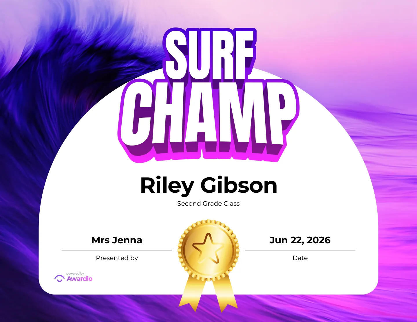 Surf Champ surfing award certificate to recognize a standout student