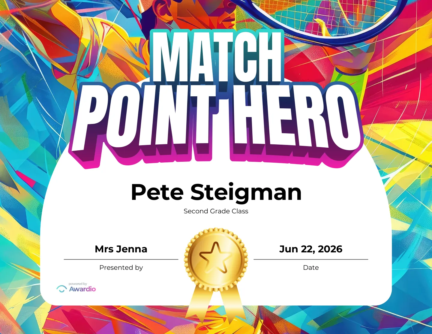Match Point Hero tennis award certificate, a free customizable design
