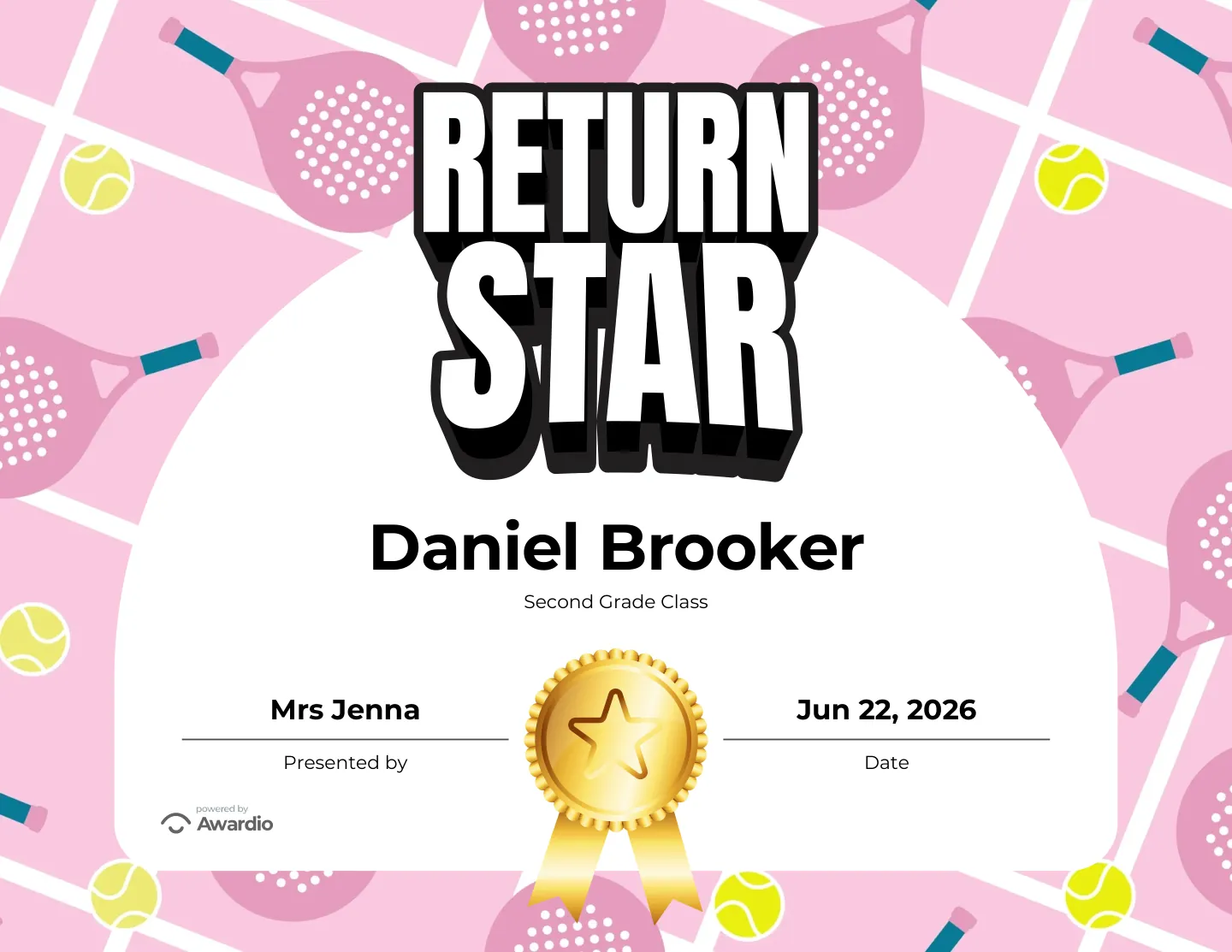 Return Star tennis award certificate you can print or share digitally